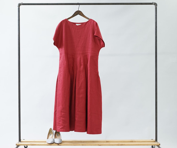 【限購2件】比利時亞麻連衣裙淺V領/寶石紅a062e-rre2 第8張的照片