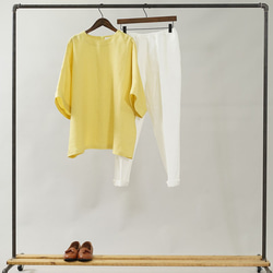[Wafu]輕質Lithani Alinen女式襯衫寬鬆上衣短袖/淡黃色黃色t016g-sye1 第8張的照片