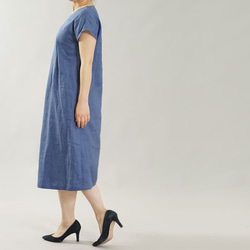 [Wafu]亞麻細連衣裙法國袖/天藍色 第2張的照片