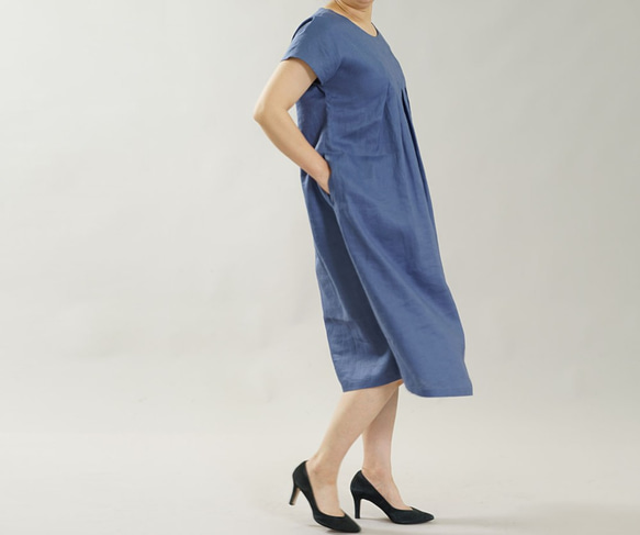 [Wafu]亞麻細連衣裙法國袖/天藍色 第6張的照片