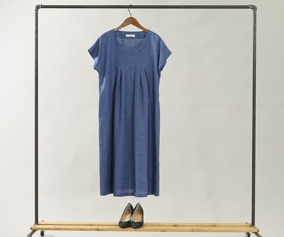 [Wafu]亞麻細連衣裙法國袖/天藍色 第8張的照片