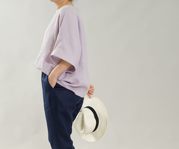[Wafu]薄立陶宛亞麻襯衫寬鬆上衣T卹/紫藤紫色t016g-wpl1 第7張的照片