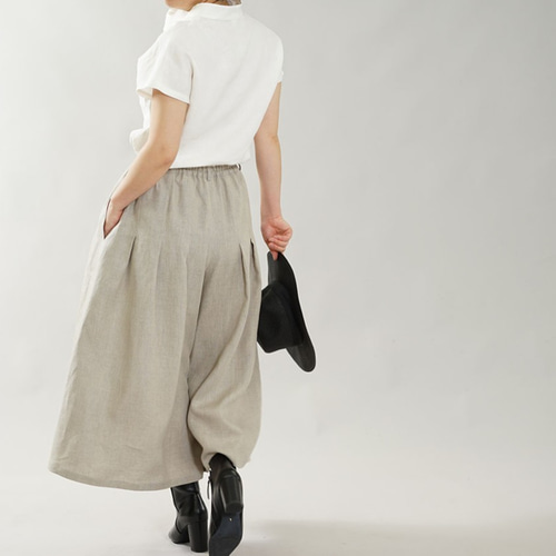 wafu】中厚 リネン ワイドパンツ 拝みヒダ袴パンツ ウエストゴム