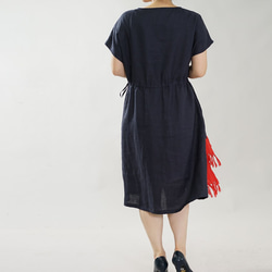 [wafu簡介]輕薄柔軟亞麻連衣裙一件式瀏覽短袖左/右調節繩/海軍藍a012d-neb1 第3張的照片