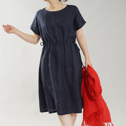 [wafu簡介]輕薄柔軟亞麻連衣裙一件式瀏覽短袖左/右調節繩/海軍藍a012d-neb1 第5張的照片