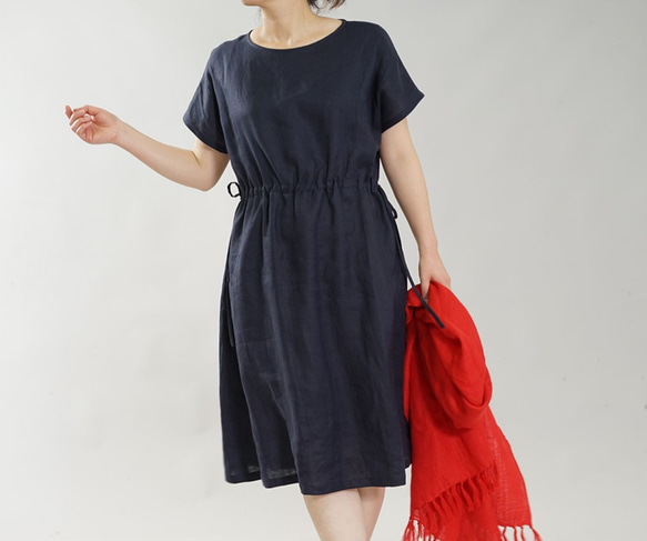 [wafu簡介]輕薄柔軟亞麻連衣裙一件式瀏覽短袖左/右調節繩/海軍藍a012d-neb1 第5張的照片