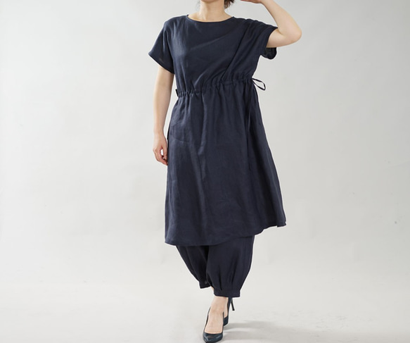 [wafu簡介]輕薄柔軟亞麻連衣裙一件式瀏覽短袖左/右調節繩/海軍藍a012d-neb1 第6張的照片