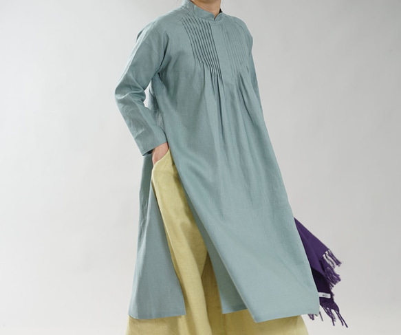wafu】中厚 リネン ワンピース ピンタック アオザイ風 リネン