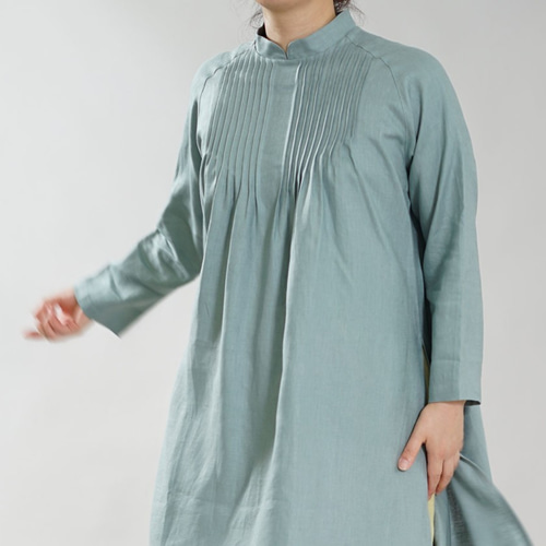 wafu】中厚 リネン ワンピース ピンタック アオザイ風 リネンドレス