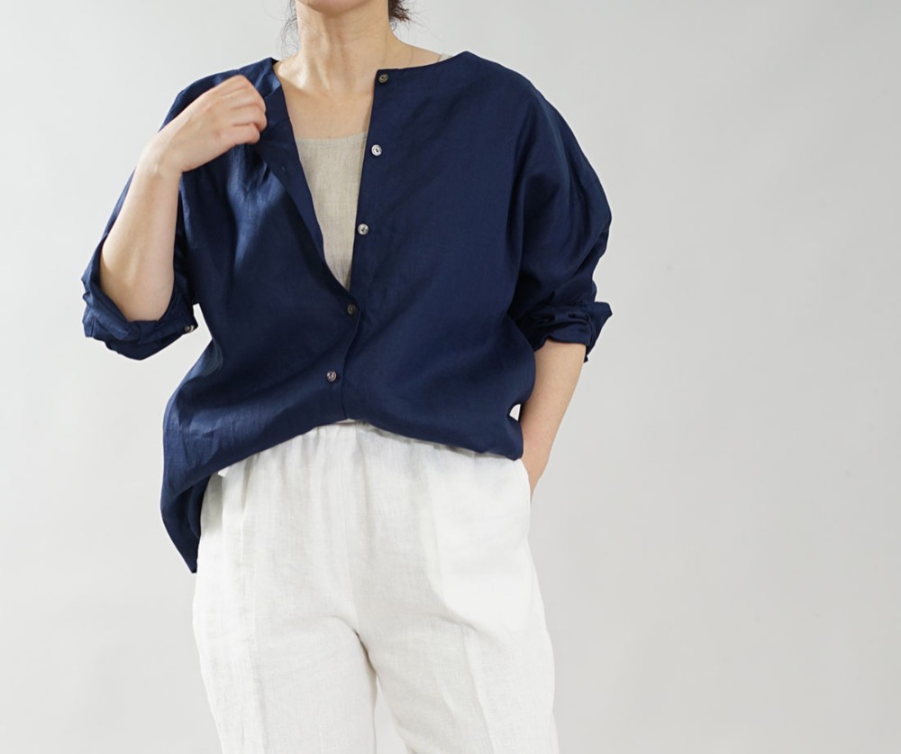wafu】薄手 リネン ブラウス 袖カフス 長袖 トップス ボレロ