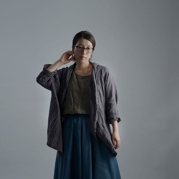 【wafu】Linen Cardigan　トッパーカーディガン ハンドワッシャー /くろつるばみ h014a-ktb2 2枚目の画像