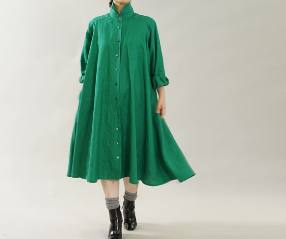 【wafu】中厚 リネン フレアワンピース 2way 羽織 シャツ ドレス /フィヨルドグリーン a080b-fgn2 7枚目の画像