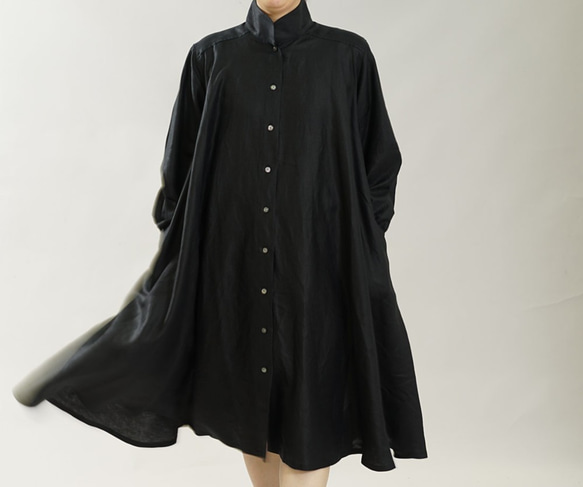 【wafu】Linen shirt dress フレア リネンシャツ シャツワンピ / ブラック a080a-bck1 4枚目の画像