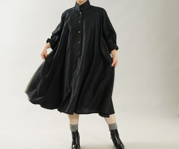 【wafu】Linen shirt dress フレア リネンシャツ シャツワンピ / ブラック a080a-bck1 1枚目の画像