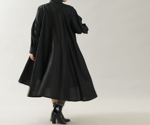 [wafu] 亞麻襯衫連身裙喇叭形亞麻襯衫襯衫連身裙 / 黑色 a080a-bck1 第8張的照片