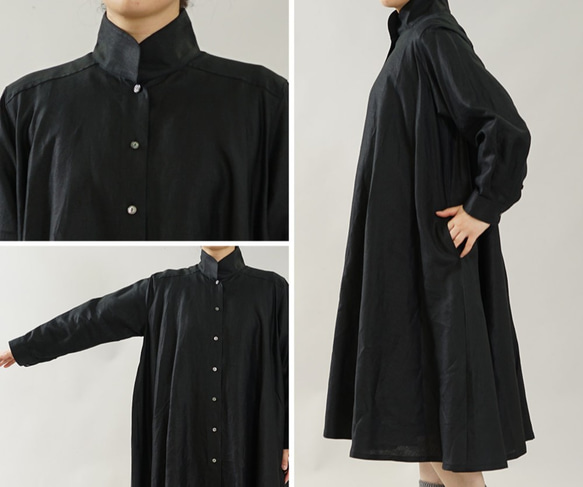 【wafu】Linen shirt dress フレア リネンシャツ シャツワンピ / ブラック a080a-bck1 10枚目の画像