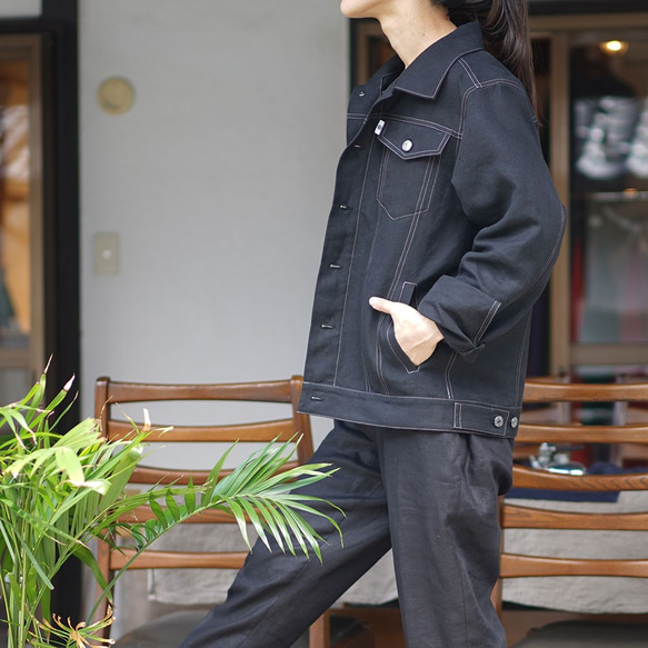 【wafu】リネン100% 帆布 Gジャン 男女兼用 ユニセックス トラッカージャケット/ブラック h051a-bck2 6枚目の画像