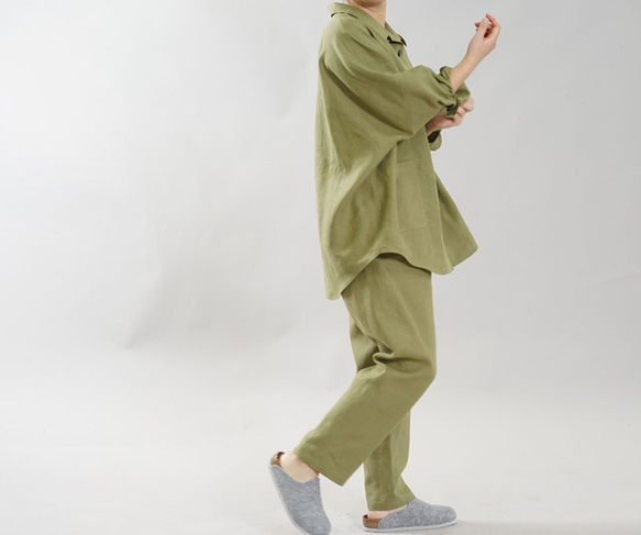 【Wafu】微薄亞麻睡衣睡衣上下套裝 天然材質/Moegi Hiwa r008a-hmg1 第3張的照片