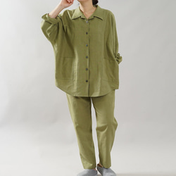 【Wafu】微薄亞麻睡衣睡衣上下套裝 天然材質/Moegi Hiwa r008a-hmg1 第6張的照片