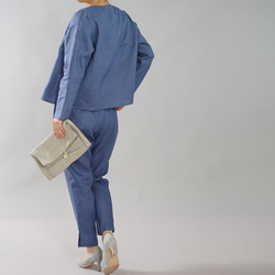 [有不均勻的染色]輕質亞麻短上衣開襟衫V領長袖haori /蔚藍h001b-cbn1 第2張的照片
