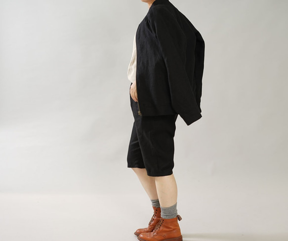 [Wafu]中厚亞麻褲半褲有腰圍腰帶橡膠/黑色b012d-bck2 第6張的照片