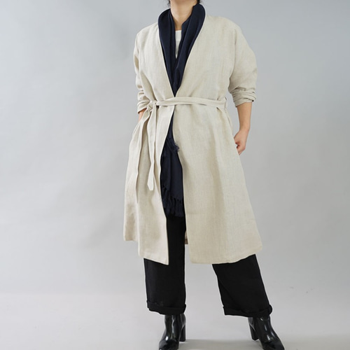 wafu】中厚 リネン コート 羽織 ノーカラー ドロップショルダー ガウン