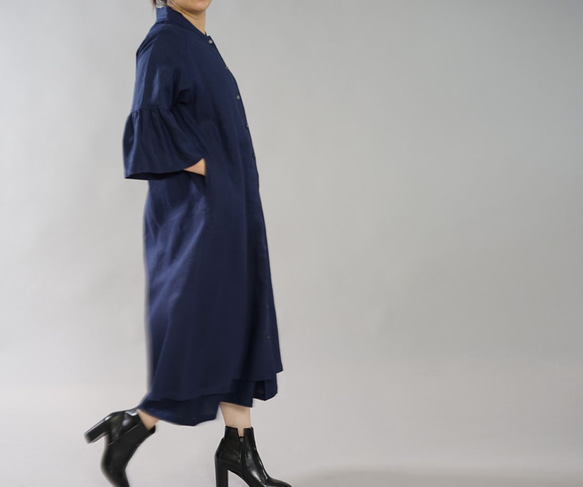 [Wafu]中厚亞麻連衣裙Haori 2way插肩喇叭袖/東方藍a078b-obn1 第6張的照片