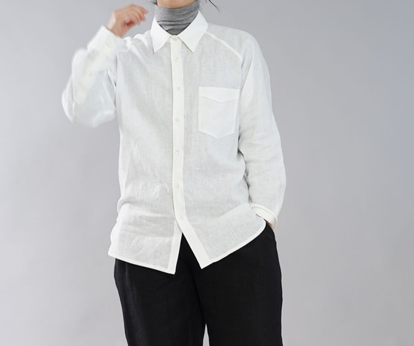 [Wafu]薄瑪莎亞麻亞麻正宗高級男士襯衫拉格朗袖長袖/白色t035a-wht1 第1張的照片