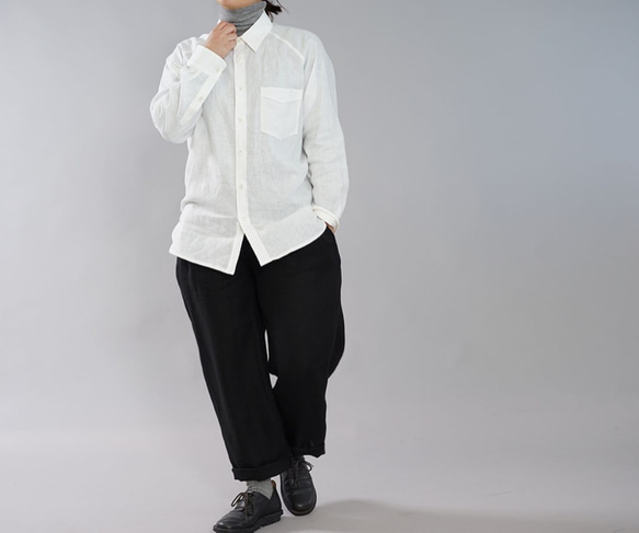 【wafu】薄手 雅亜麻 リネン 本格 プレミアム メンズ シャツ ラグランスリーブ 長袖 / 白 t035a-wht1 6枚目の画像