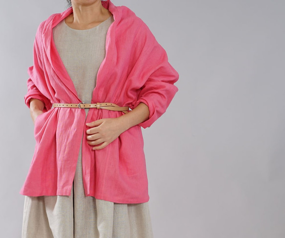 [Wafu]中厚亞麻Haori Topper開衫開衫披肩彩色雨披/巴黎粉紅色H014A-PPK2 第4張的照片