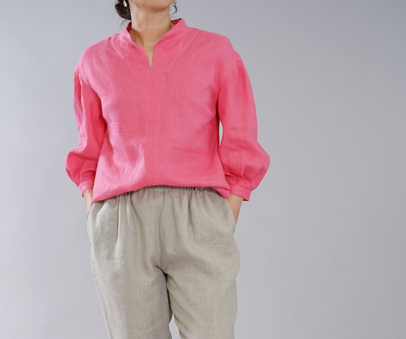 [Wafu] 中厚麻上衣軟燈籠袖束腰上衣/巴黎粉色 t029b-ppk2 第6張的照片