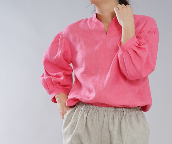 [Wafu] 中厚麻上衣軟燈籠袖束腰上衣/巴黎粉色 t029b-ppk2 第7張的照片
