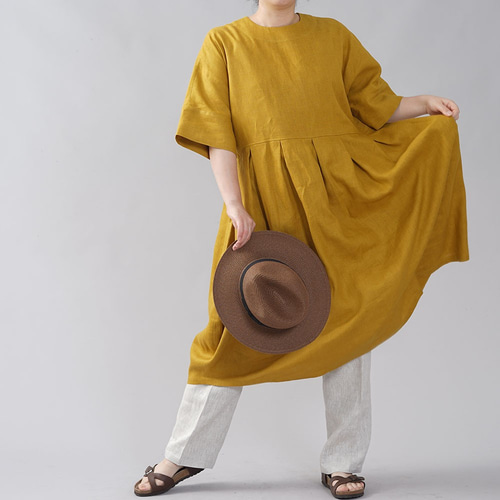 wafu】中厚 リネンワンピース ドルマン袖 コクーンワンピース 丸首