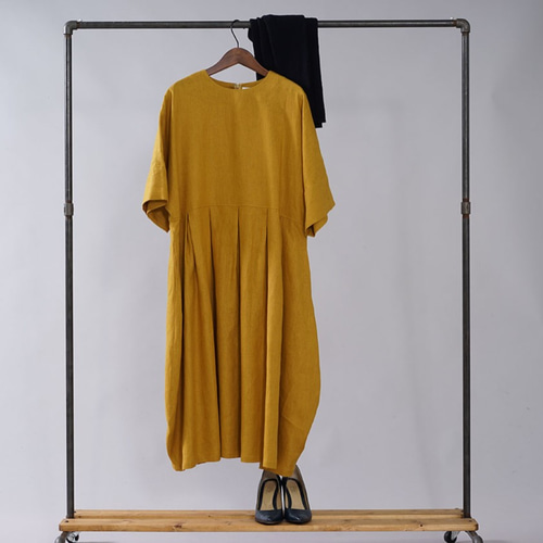 wafu】中厚 リネンワンピース ドルマン袖 コクーンワンピース 丸首