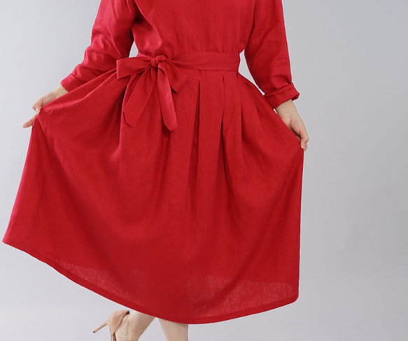 【和服】中厚亞麻連衣裙 高領長袖連衣裙 帶繩/紅色 a048c-red2 第6張的照片