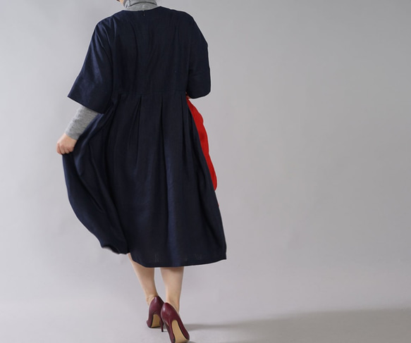 [wafu] 中等重量亞麻連衣裙蝙蝠袖繭式連衣裙及膝/海軍藍 a041f-neb2 第3張的照片