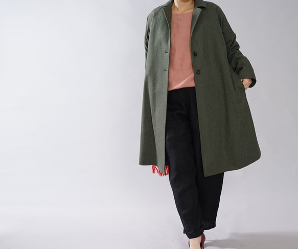 [Wafu]亞麻襯裡x法蘭絨羊毛100％切斯特大衣/苔綠色H023A-SGN3 第3張的照片