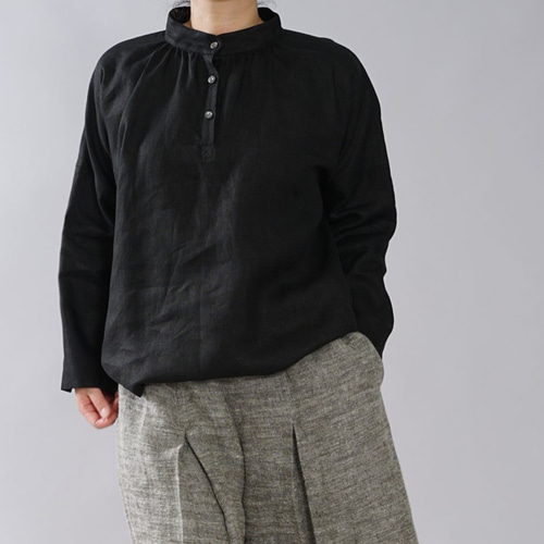 wafu リネントップス ドロップショルダー 背中ギャザー リネンブラウス