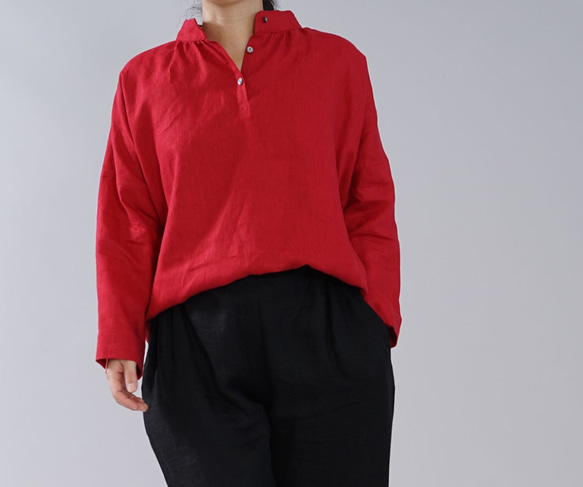 [wafu] 中重亞麻襯衫立領落肩長袖束腰外衣/紅色 t005b-red2 第1張的照片