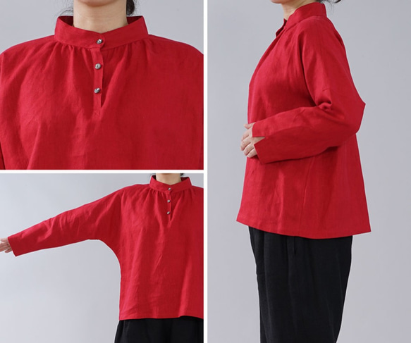 [wafu] 中重亞麻襯衫立領落肩長袖束腰外衣/紅色 t005b-red2 第10張的照片