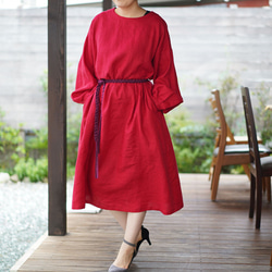 [Wafu] 中厚亞麻連衣裙 軟袖緊縮工藝 側褶連衣裙/紅色 a001a-red2 第6張的照片