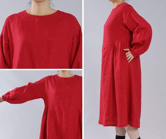 [Wafu] 中厚亞麻連衣裙 軟袖緊縮工藝 側褶連衣裙/紅色 a001a-red2 第9張的照片