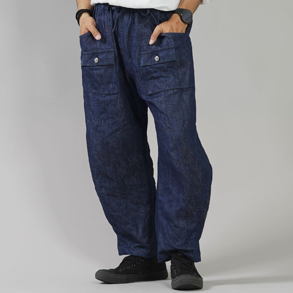 [Wafu] [定做] 100% 亞麻牛仔布布什褲子變色腰部橡膠 / 靛藍 b013e-ind3 第1張的照片