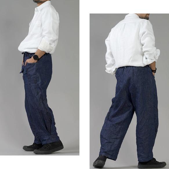 [Wafu] [定做] 100% 亞麻牛仔布布什褲子變色腰部橡膠 / 靛藍 b013e-ind3 第2張的照片
