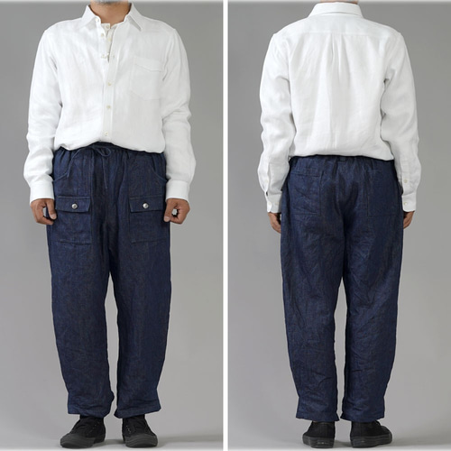 wafu】【受注製作】リネン100%デニム ブッシュパンツ 色落ち有