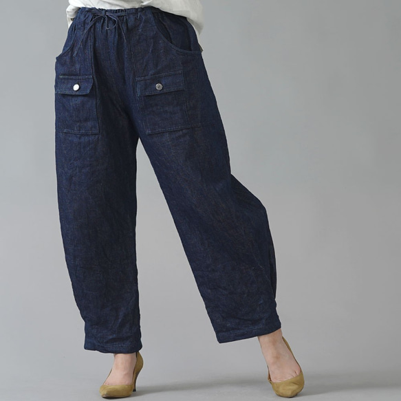 [Wafu] [定做] 100% 亞麻牛仔布布什褲子變色腰部橡膠 / 靛藍 b013e-ind3 第6張的照片