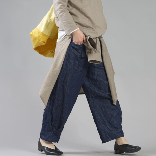 ⭐️wafu リネン100% デニム　ブッシュパンツ￼ インディゴ wafu】【受注製作】リネン100%デニム ブッシュパンツ 色落ち有