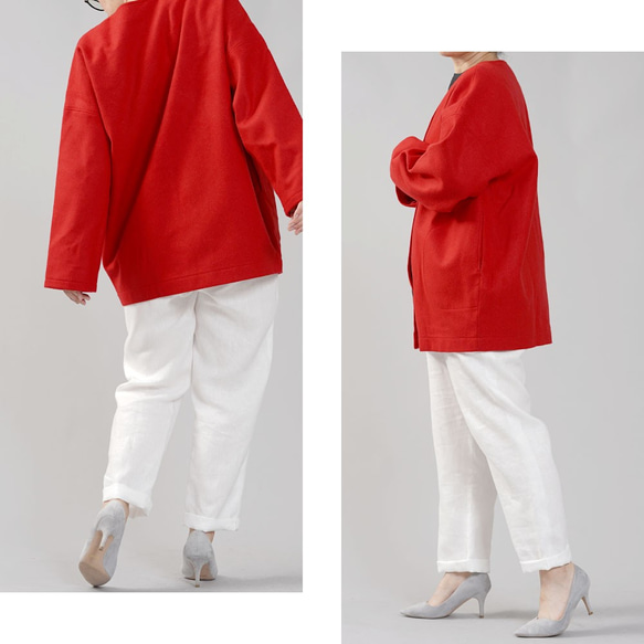 [Wafu] 100% 亞麻襯裡 x 100% 羊毛襯衫夾克總襯里亞麻 / 紅色 h042b-red3 第2張的照片