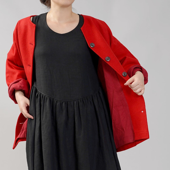 [Wafu] 100% 亞麻襯裡 x 100% 羊毛襯衫夾克總襯里亞麻 / 紅色 h042b-red3 第3張的照片
