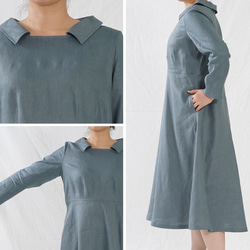 [Wafu]中領加厚亞麻連衣裙美麗的低領亞麻連衣裙長袖/ Etine藍色a055a-ebn2 第9張的照片